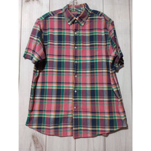 Cremieux Shirt Men's Large Pink Blue Plaid Button Front Short Sleeve - Picture 1 of 8